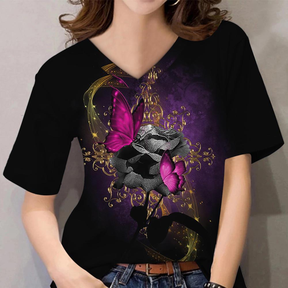 3D Floral Print Women Short Sleeve Tops V Neck Summer Lovers Couples T Shirt
