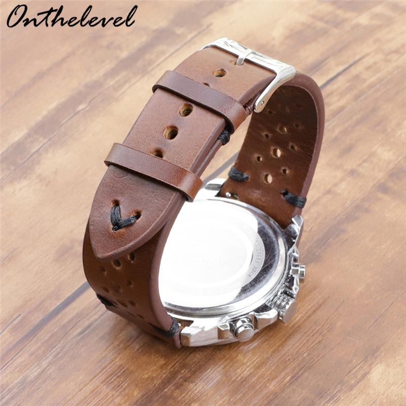 Available Porous Genuine Leather Watch Strap, Quick Release, Brown Cracked Pattern, Sizes: 18mm, 20mm, 22mm, 24mm.