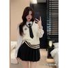 Women's Korean-Style Knit Vest, Solid Shirt & High-Waist Pleated Mini Skirt 3-Piece Set