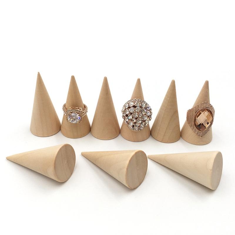 5Pcs Simple Solid Wood Rings Display Stand Organizer Cone Shape Jewelry Display Rack Finger Trinket Stand Showcase