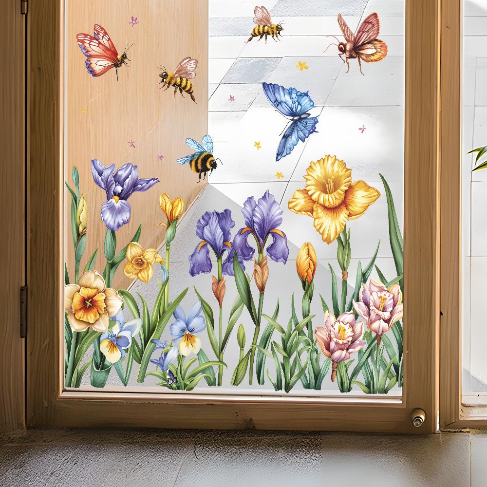 Fresh Hand-Painted Flower Butterfly Static Cling UV Window Sticker for Glass Window Home Decoration