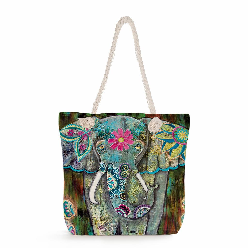Elephant print thick rope single-shoulder beach bag 7287 CLE