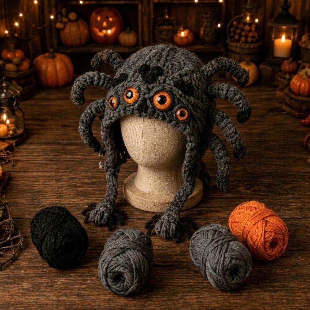 Gothic Style Halloween Crochet Hood Kit for Adults Handmade Pumpkin Bat Cat  For Beginner