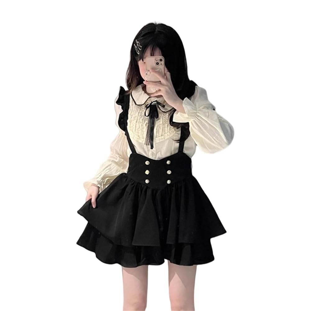 KEWJYUE Plus Size Set of featuring a shirt and blouse with a bow and suspender This outfit is perfect for school Women's 2, long-sleeved skirt.