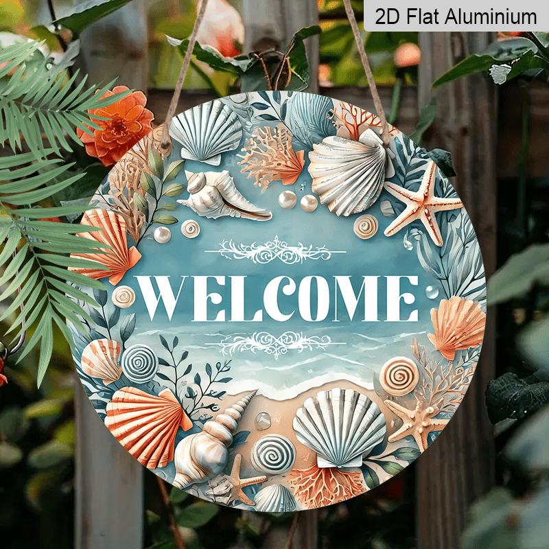 2D Flat, 1pc Large 30*30cm Coastal Welcome Aluminum Hanging Sign, Beach Door Hanger with Seashell & Starfish, Nautical Wall Decor, Nautical Wall