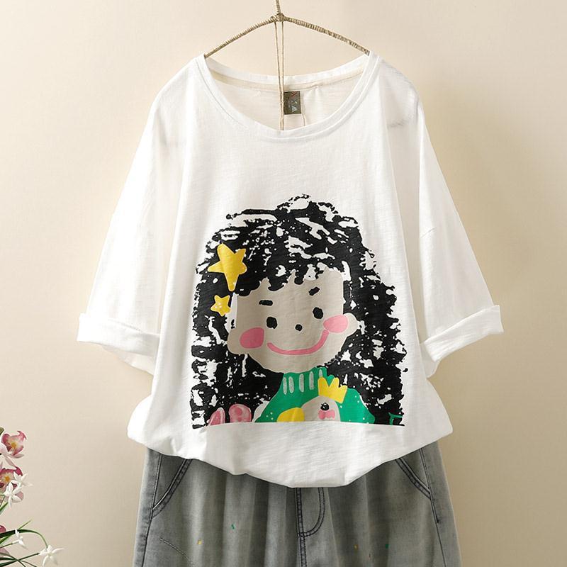 

Женская футболка Летняя Большого размера Хлопковая футболка Мягкая Свободная С принтом Повседневная С круглым вырезом Пуловер Футболка Топ XXXL белый