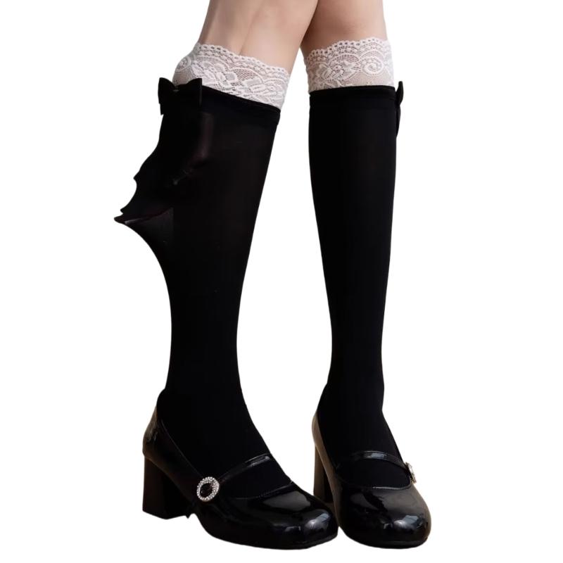 Chaussettes Velours Respirantes Hautes sur le Genou Bordure en Dentelle Nœud Élastique Antidérapant Mi-Mollet pour Port Quotidien Événement Spécial