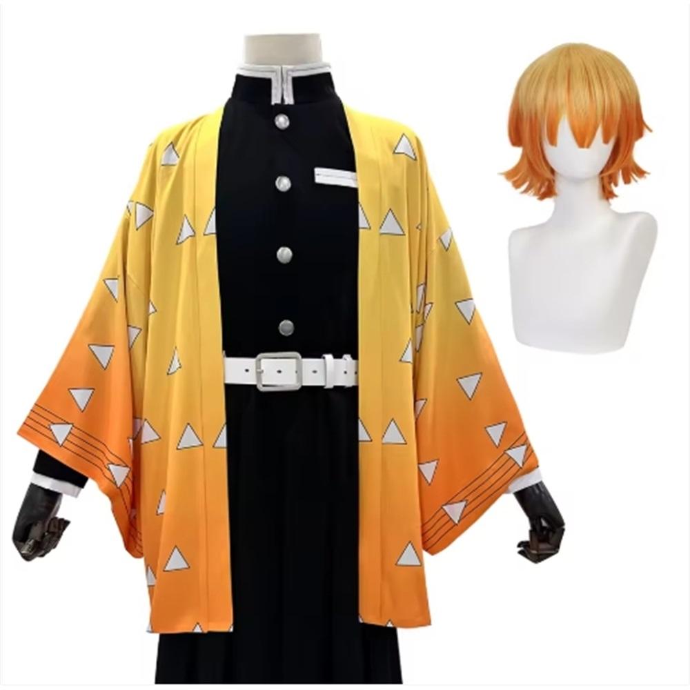 Agatsuma Zenitsu Cosplay Costume Wig Haori Embroidery Top Elastic Pants Belt Rose Net Cos Halloween Christmas Gift