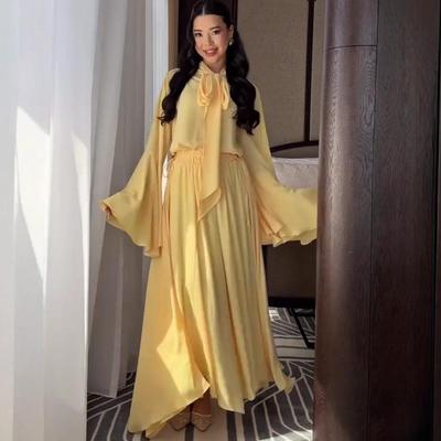 European-American 2025 Summer Chic Bandage French Solid Loose Top & Long Skirt Set