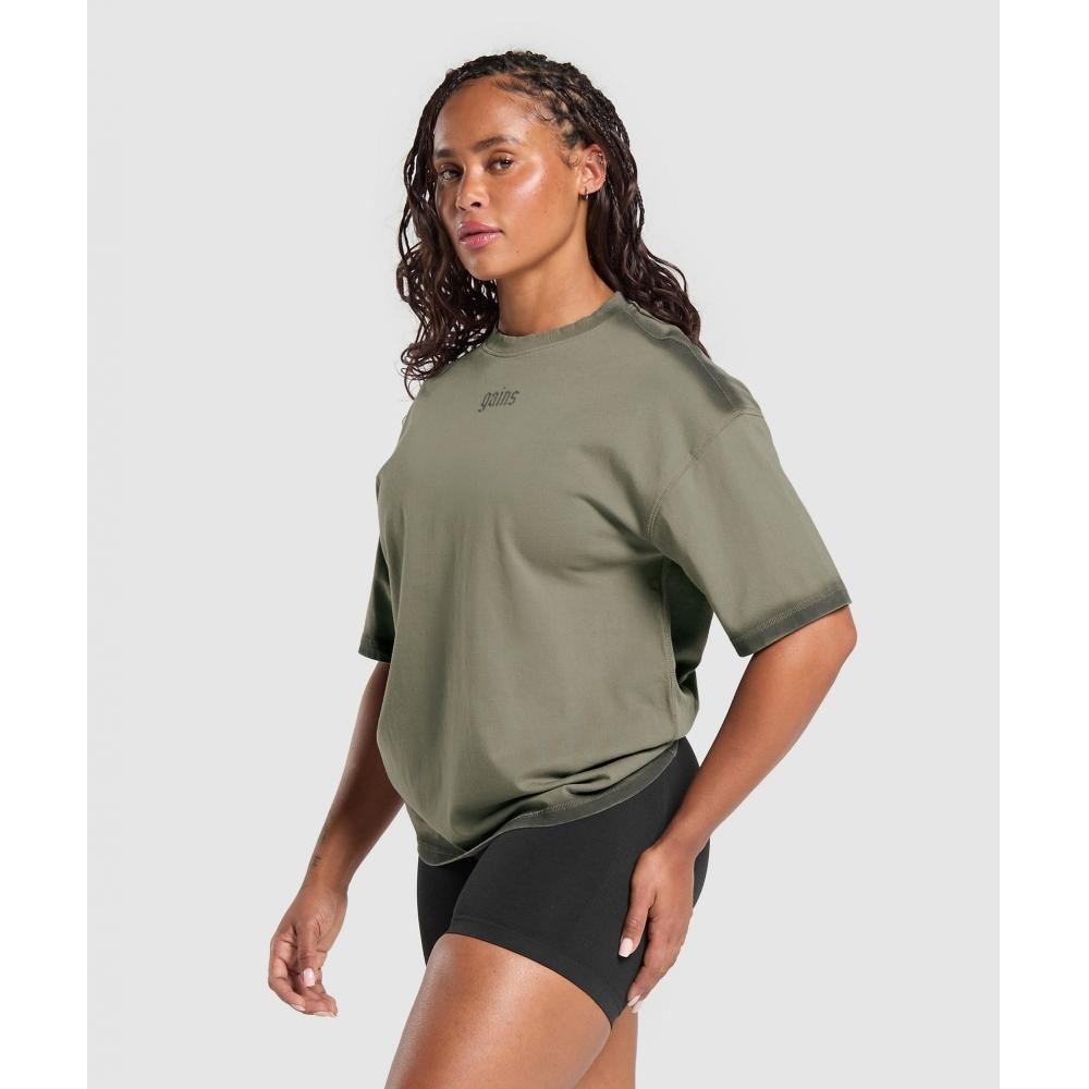 Gymshark Gains Washed HeavyweighT CoTTon T shirT Base Green sTrengTh Green B3c2p Ec3x