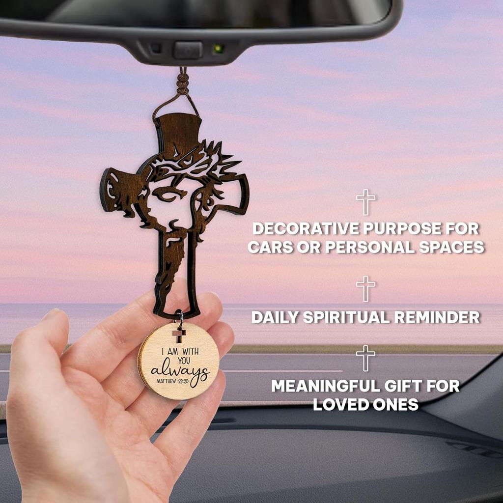 Cross for Car Mirror Hanging Christian with Bible Verse - I Am with You Always - Cross for Rear View Mirror - Christian Car Accessories Ornament -