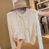 French petty bourgeoisie milk white lace lapel knitted cardigan women's autumn chic design lazy style thin top