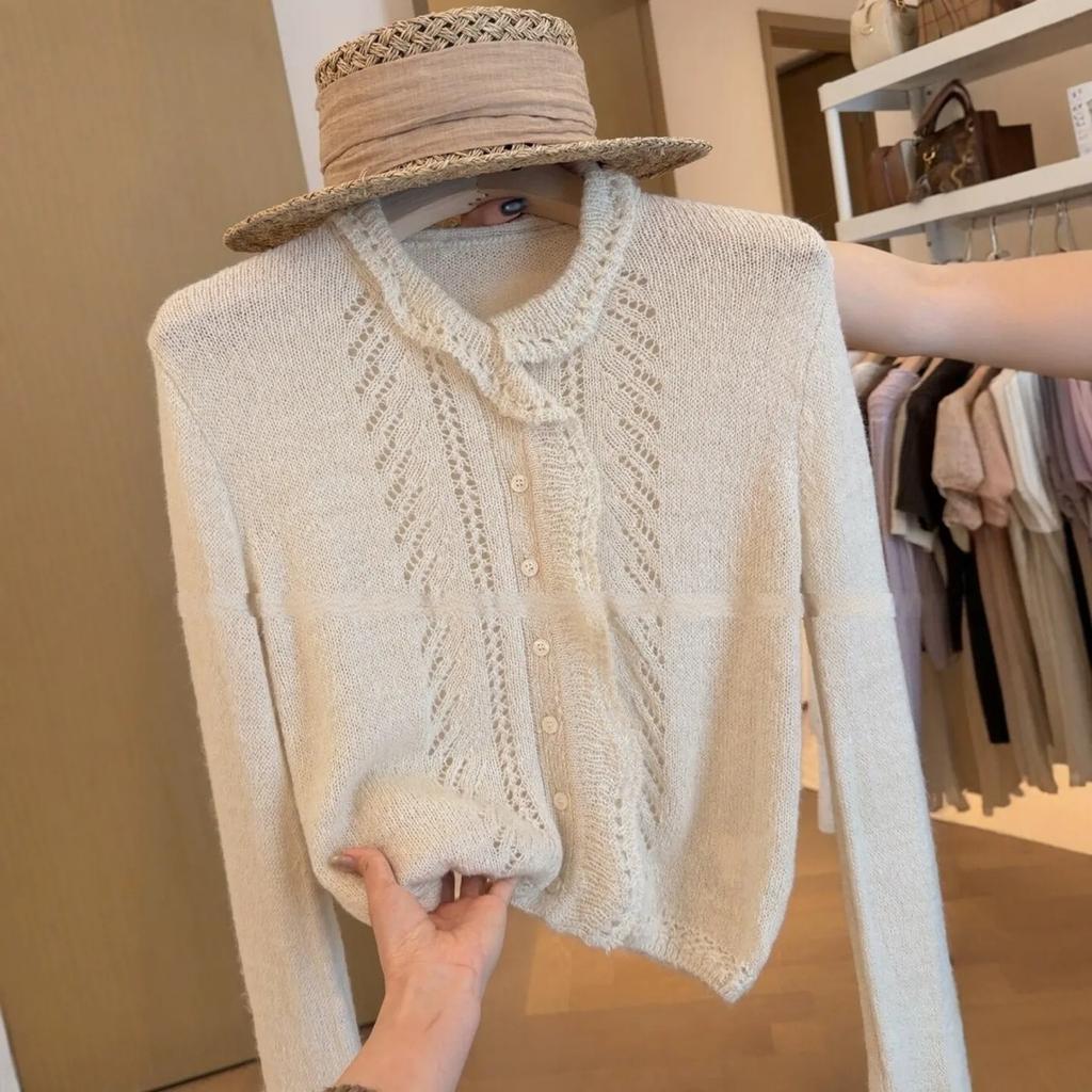 French petty bourgeoisie milk white lace lapel knitted cardigan women's autumn chic design lazy style thin top