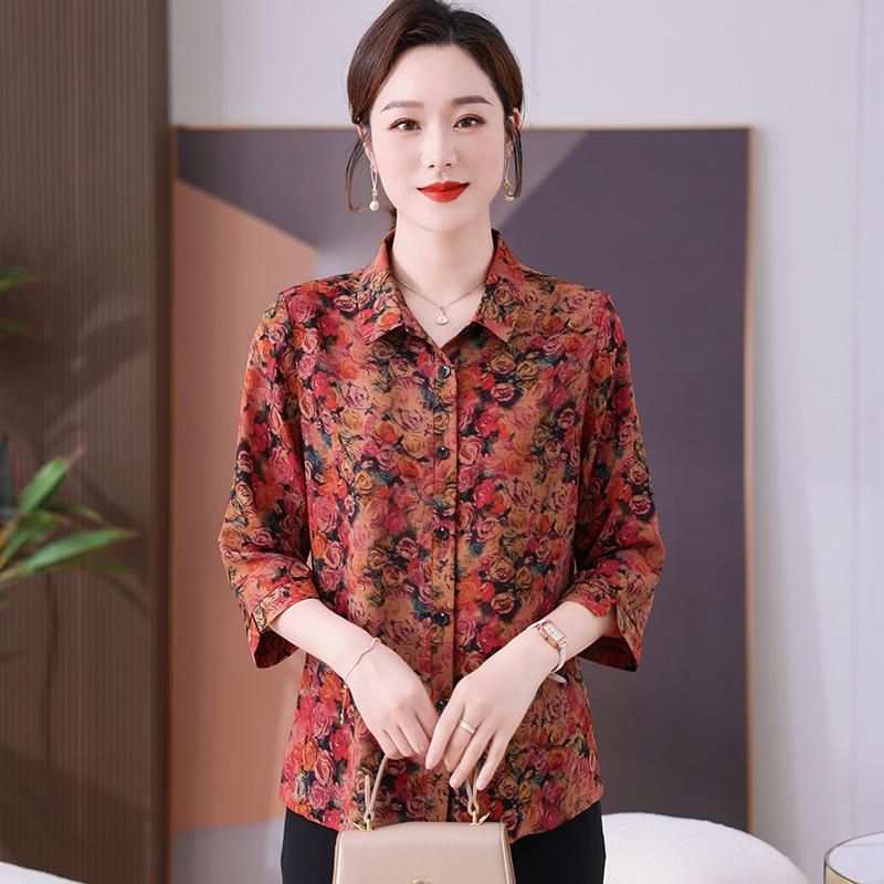 

Summer 2026 Elegant Mid-Aged Women s Chiffon Shirt: Chinese National Style 50s-60s, 50+ Mom, Seven-Eighth Sleeves 2XL (suitable for 110-120 jin) червоний