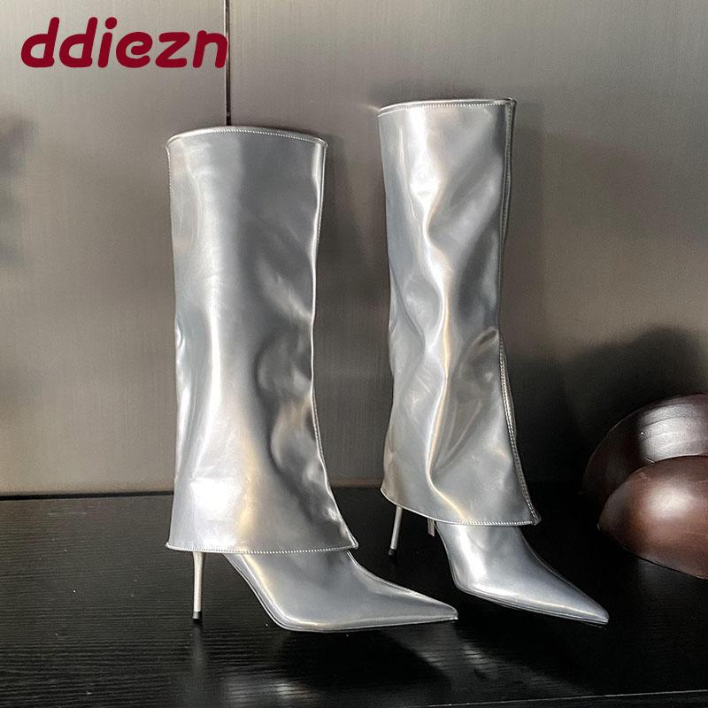 Mode Mode Moderne Damen Kniehohe Stiefel mit dünnen Absätzen Damen Slipper Schuhe Spitzschuh Damen Lange Stiefeletten Pumps Schuhe