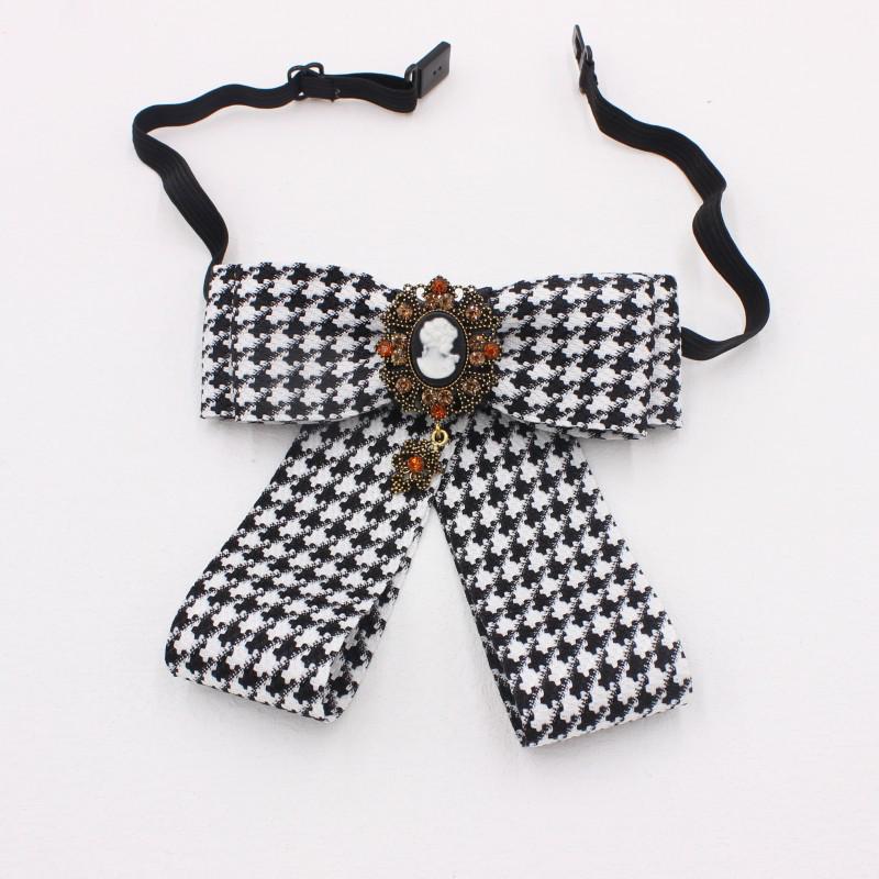 Starry Cat Women s Houndstooth Bow Tie Shirt with Floral Collar - Korean Style чёрный