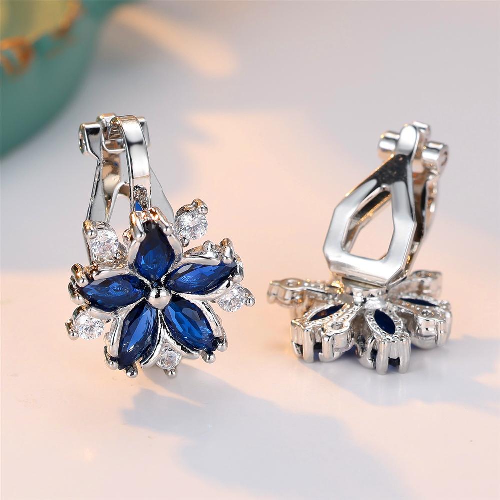 Schattige Dames Blauw Wit Steen Bloem Oorbellen Clip Charm Zilverkleurig Bruiloft Voor Vrouwen