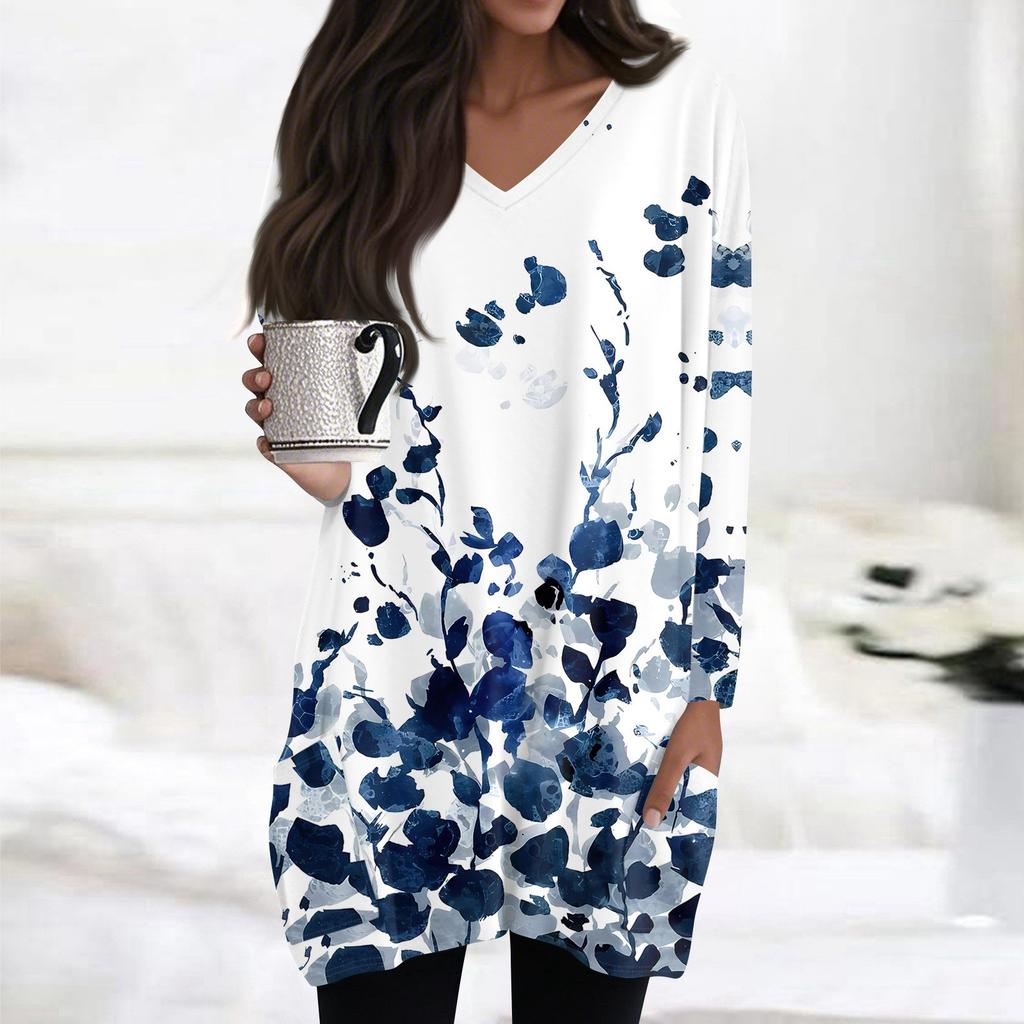 Damen Oberteile V-Ausschnitt Langarm Blusen Lässige Mittellange Hemden Mode Druck Tunika Oberteile Mit Taschen