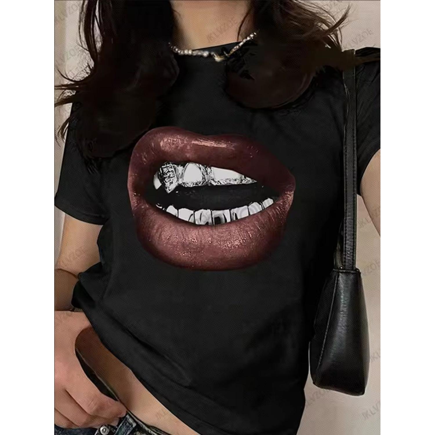

Summer Sporty Cotton T-Shirts Lip Printed Female Clothing Short Sleeve O-neck Tees Funny Women T Shirt Vintage Unisex Tops XXXXXL чорний