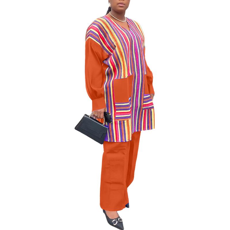 

2PCS Women V-Neck Patchwork Long Sleeve Striped Print Tops and Straight Pants Sets 4XL помаранчевий