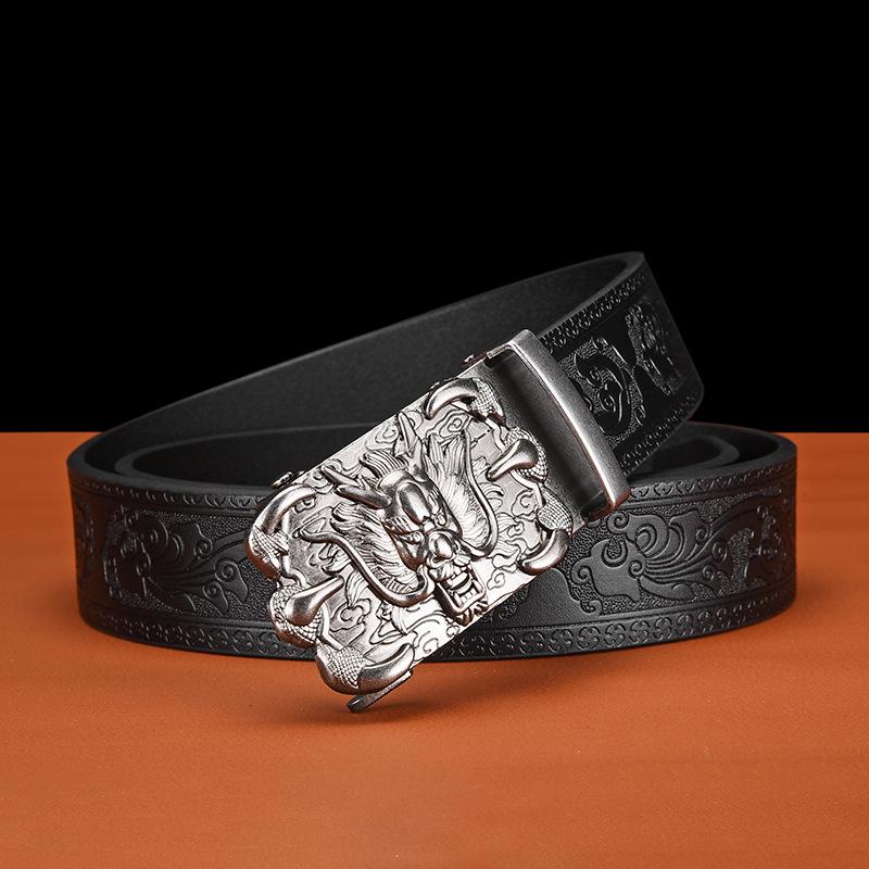Men's Business Casual Cowhide Leather Belt with Vintage Copper Dragon Automatic Buckle