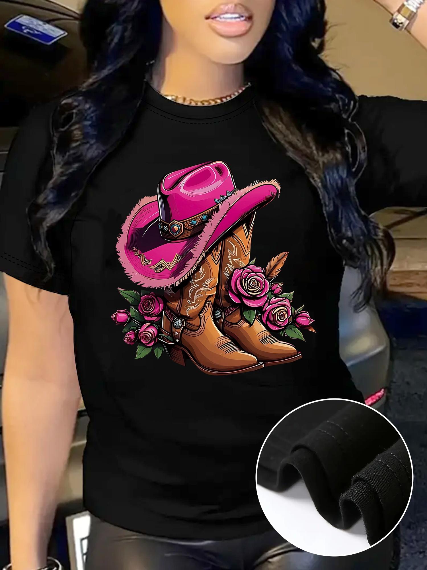 Cowboy Boots Pink Hat Roses Graphic T-shirt XXL