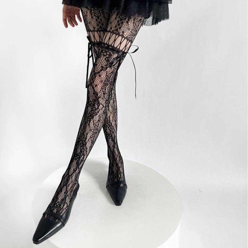 New Design Beige Tights Women Sexy See Through Mesh Sheer Fishnet Stockings Jk Uniform Bow Tie Strap Lace Bottoming Pantyhose