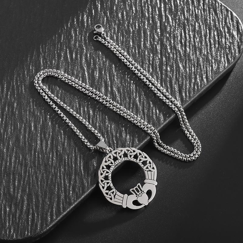 Stainless Steel Celtic Trinity Knot Claddagh Heart Shape Pendant Necklace for Men Women Irish Lucky Amulet Jewelry