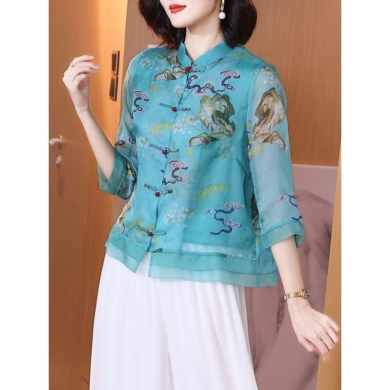 

Шифон для женщин в летнем китайском стиле Тан костюм с воротником-стойкой и рукавом четверть в стиле ретро с принтом M небесно-голубой