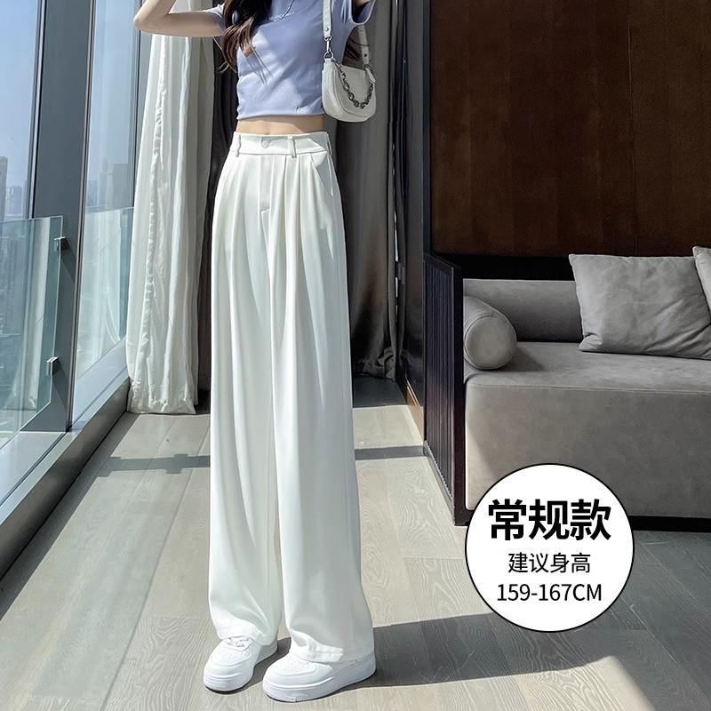 Womens White Ice Silk Wide Leg Pants High Waist Loose Fit Casual Trousers Petite Regular