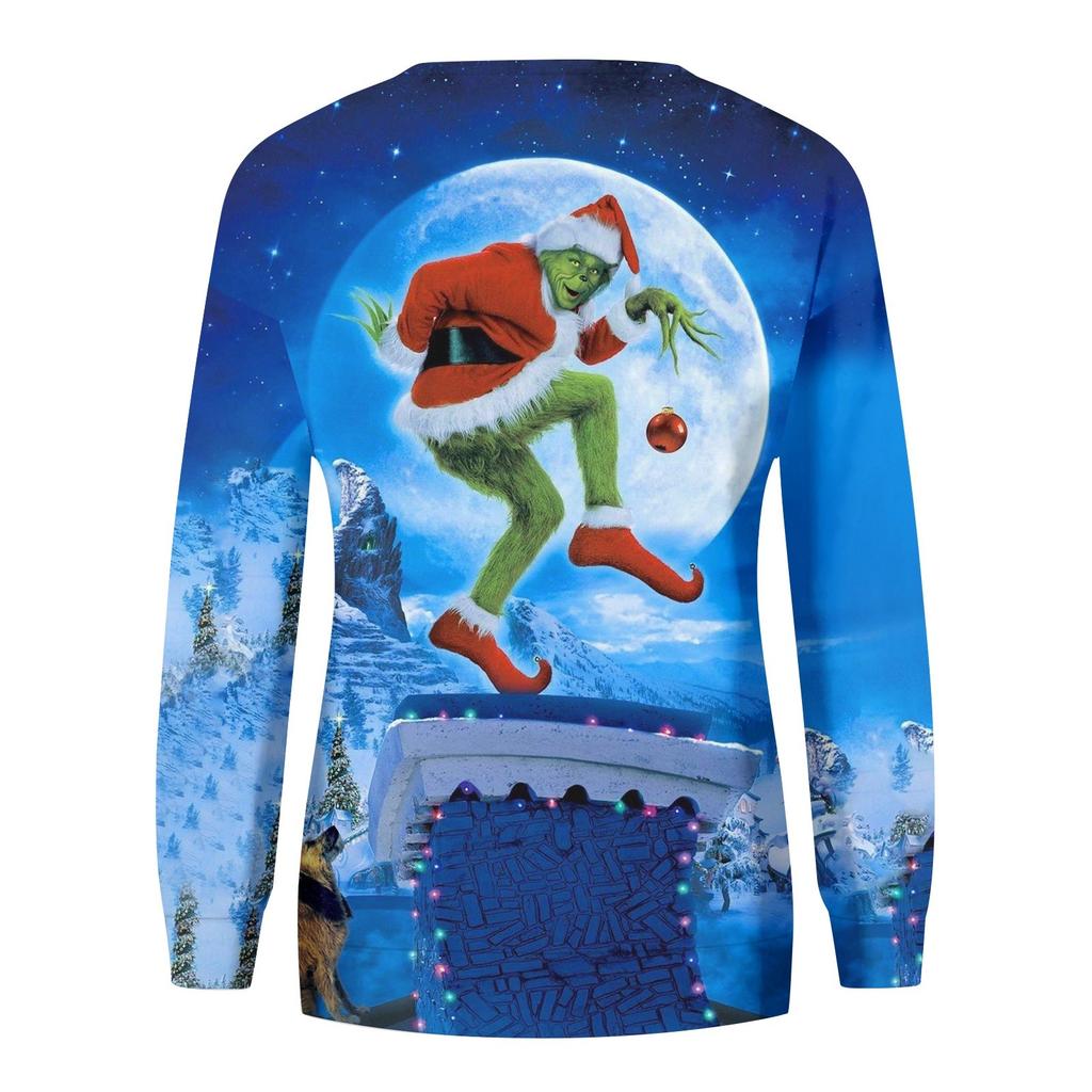 Damemote juletrykt langermet løs sweatshirt med rund hals