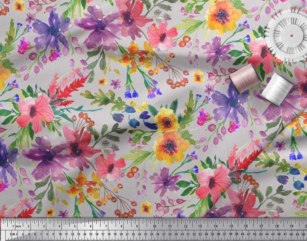 Soimoi Japan Crepe Satin Fabric Flower & Leaves Watercolor Decor Fabric Printed metre 42 Inch