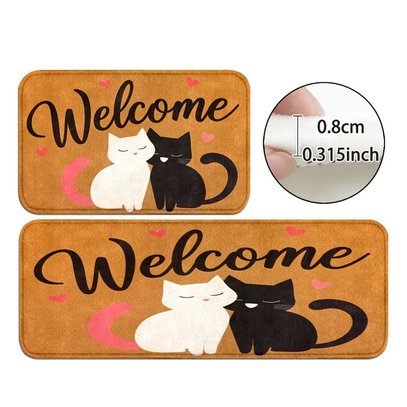 Flannel Black and White Cat Welcome Floor Mat, Non-slip Absorbent Foot Mat At The Entrance, Household Entrance Carpet