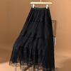 2025 Summer Women's Gentle Style Lace Trim Elastic Waist A-Line Midi Skirt