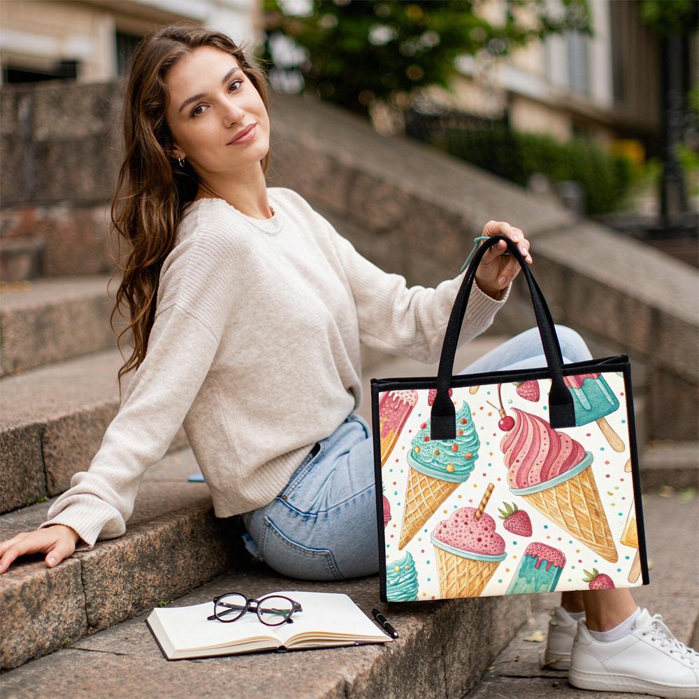 Cute Ice Cream Printed Women Tote Bag Large Capacity Casual Daily Handbag Lightweight Reusable Grocery Shopping Bag for Outdoor Travel