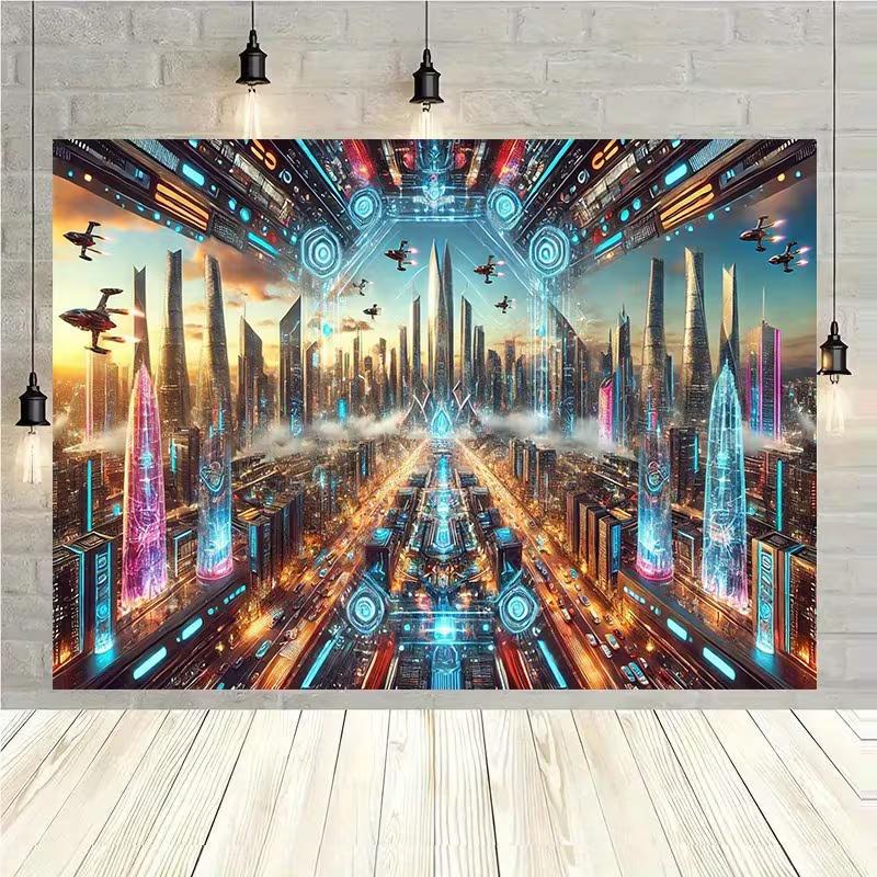 2D Neon Cyberpunk Metropolis Backdrop Futuristic Skyscrapers Photography Background 47.2x31.5inch/120*80cm