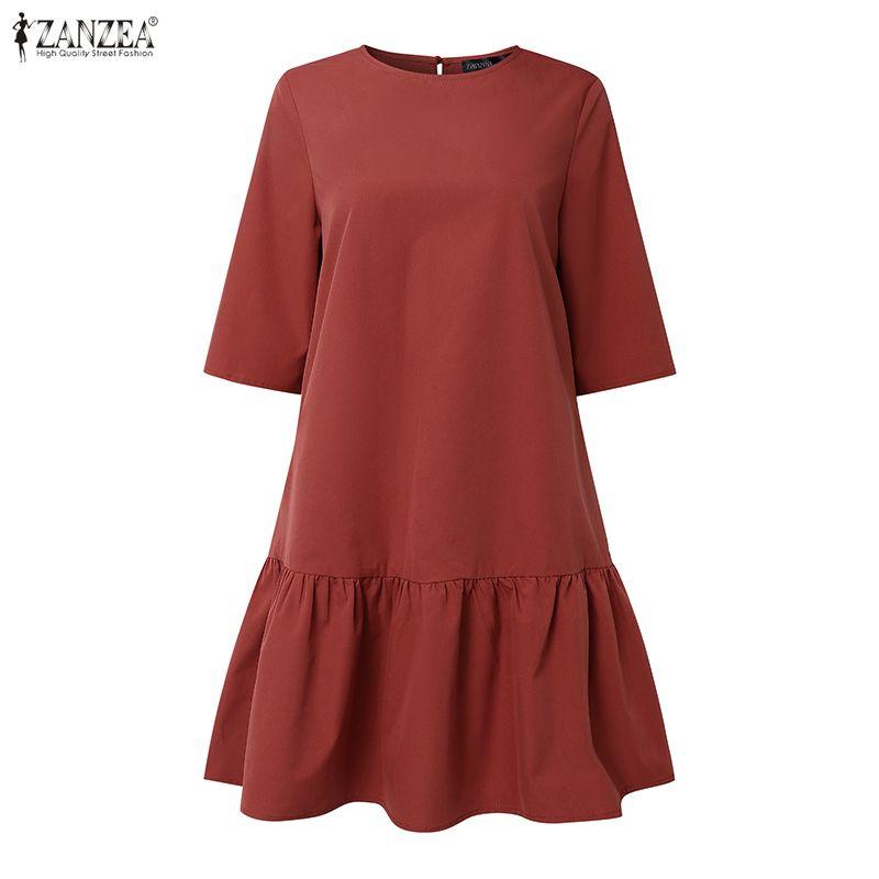 ZANZEA Women Casual Round Neck Solid Color Half Sleeve Dress