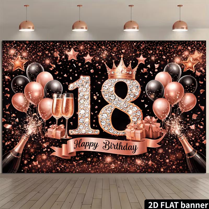 2D 18th Birthday Photography Background, Black Rose Gold Themed Party Backdrop Banner