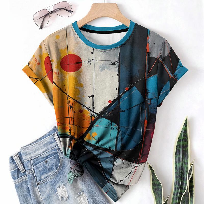 T-shirt da donna estiva a girocollo a maniche corte con motivo astratto stampato in 3D, artistica, leggera, casual e alla moda