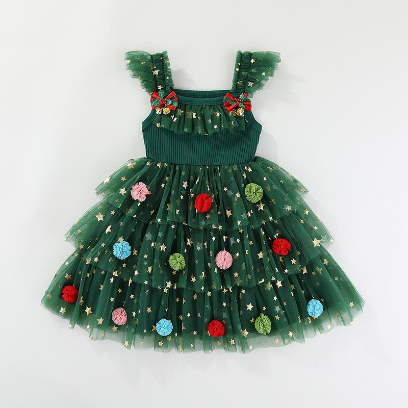Toddler Girl Christmas Tutu Dress Sleeveless Layered Tulle Outfit for Girls Glitter Star Pompom Embroidery Tulle Tiered Twirl Holiday Dresses