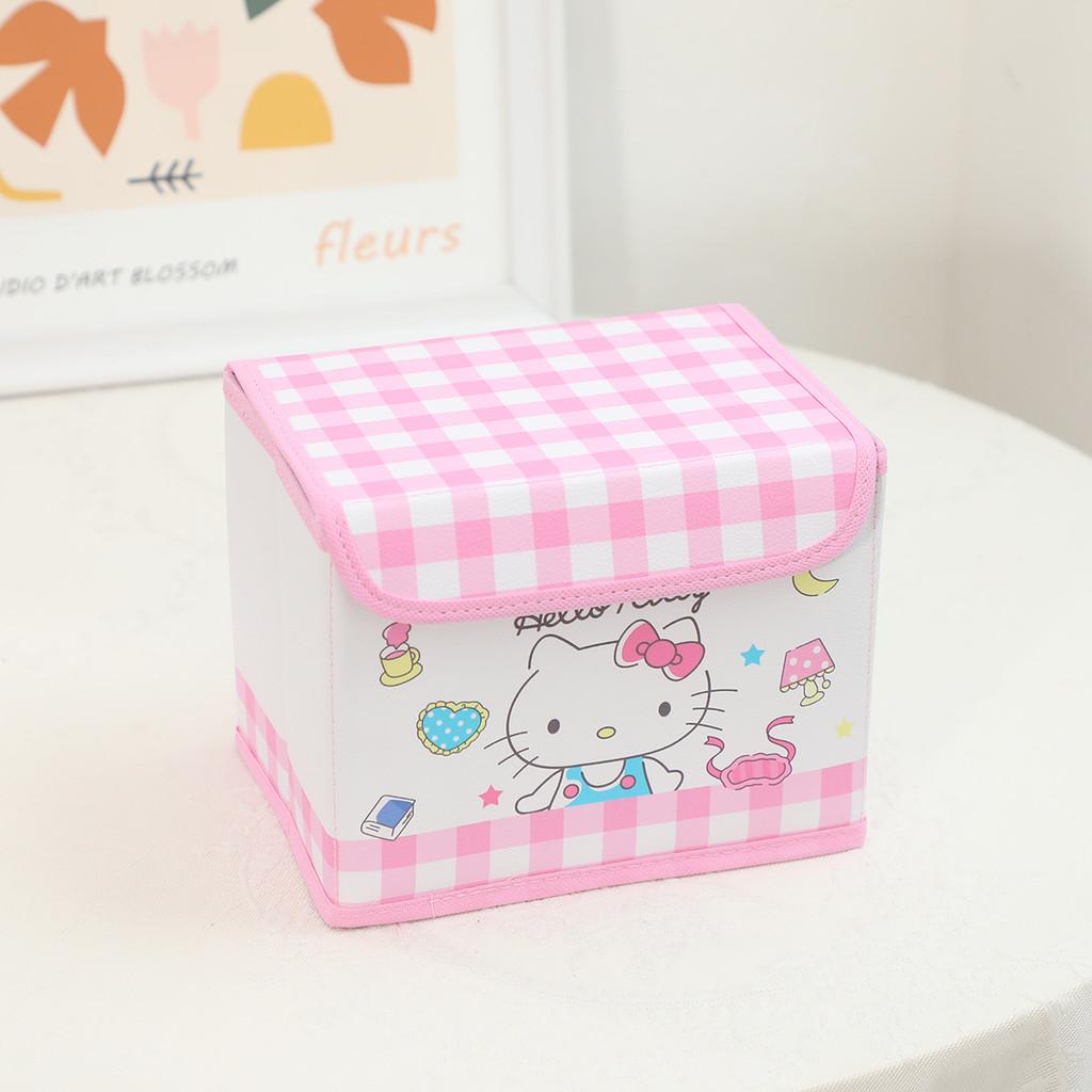 Hello Kitty Kuromi Cinnamoroll Melody Grid Pattern Foldable Flip Storage Box For Office And Bedroom Storage