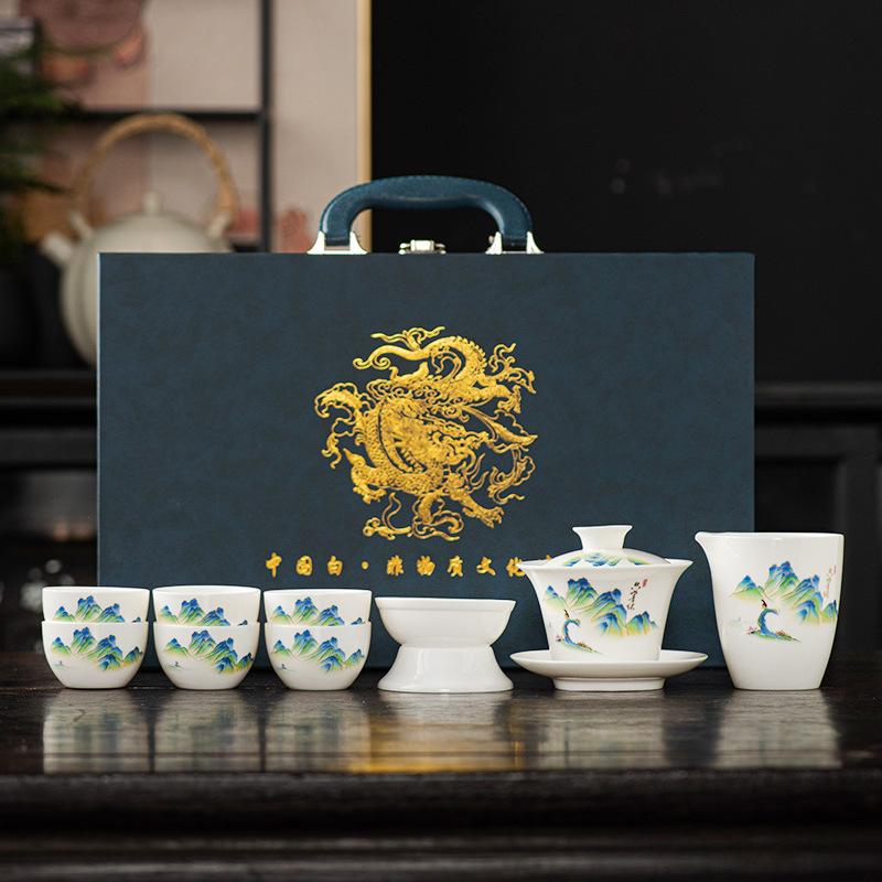 Premium beauty suet jade white porcelain kung fu tea set, household Xishi pot tea cup light luxury high-end gift box