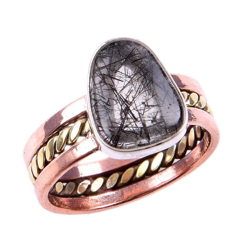 Natural Black Rutile Gemstone 925 Solid Silver TwoTone Gift Ring S.9.5US z1y39