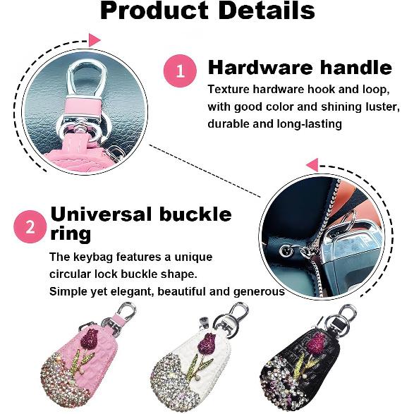 Mandark Bling Car Key Case,  Leather Crystal Rhinestone Vehicle Key Fob Protector, Automotive Smart Keychain Holder for Remote Key Fob, Universal