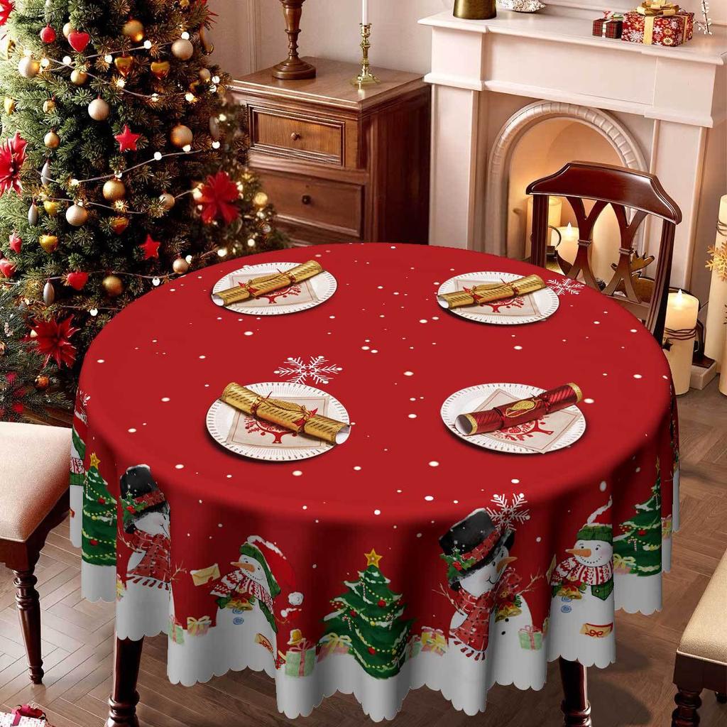 Świąteczny obrus, Świąteczny czerwono-biały obrus, Bałwan choinka prezent, Wodoodporny falowany brzeg, Dekoracja stołu domowego