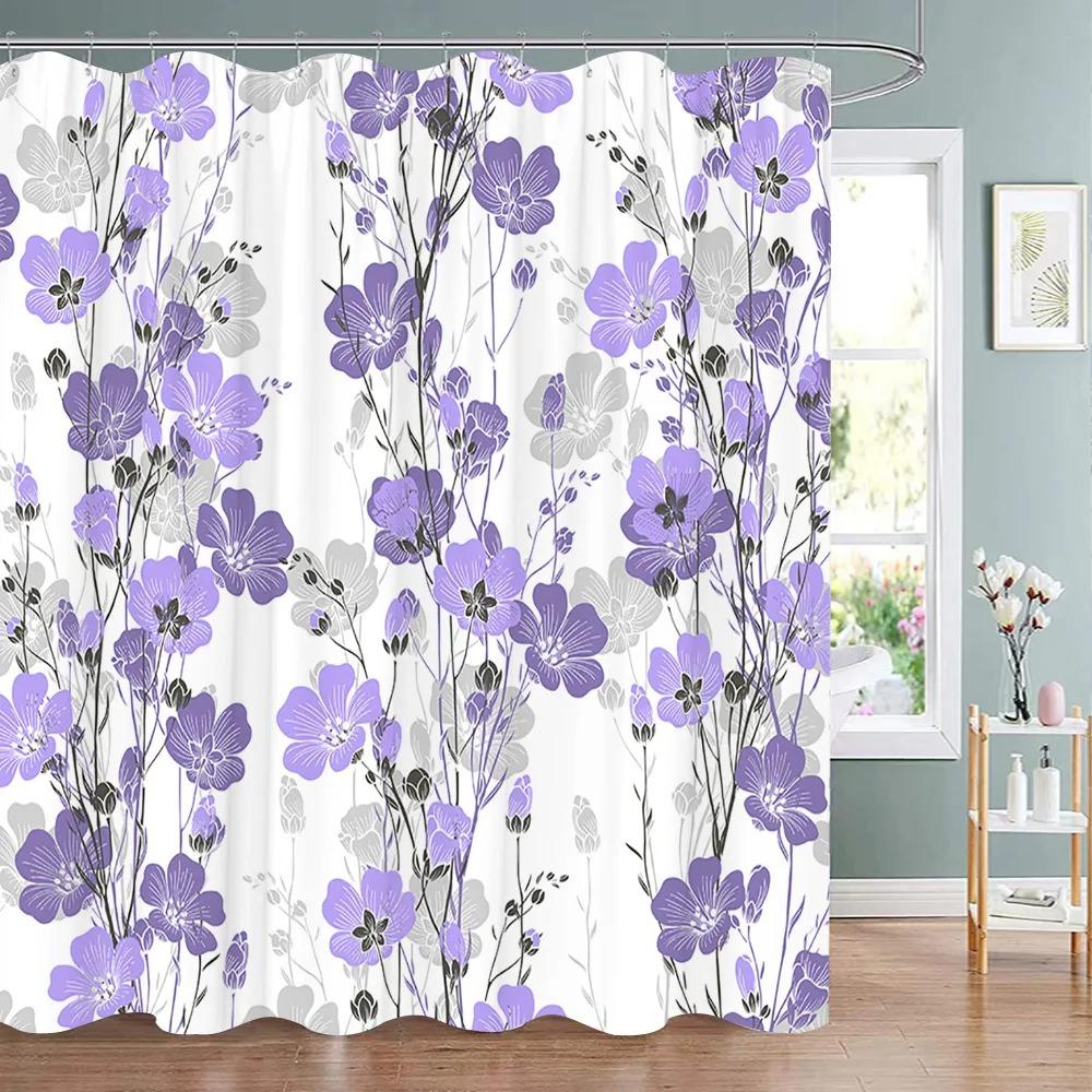 Spring Botanical Floral Shower Curtain Watercolour Style Floral Landscape Washable Fabric Bath Curtain Bathroom Decor With Hooks