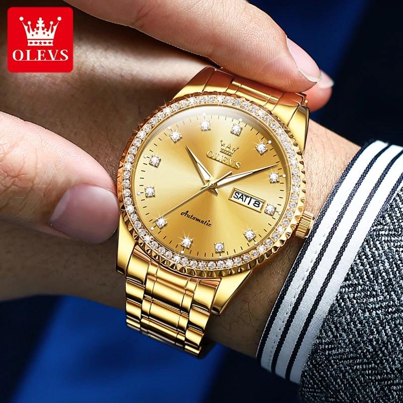 OLEVS Men's Watch Luxury Brand Diamond Automatic Mechanical Watch Stainless Steel Waterproof Calendar Business Men's Watch