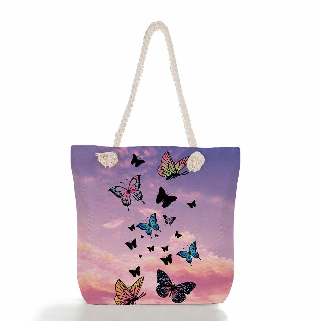 Multifunctional Butterfly Printed Thick Rope Shoulder Beach Bag Casual large capacity handbag 7614