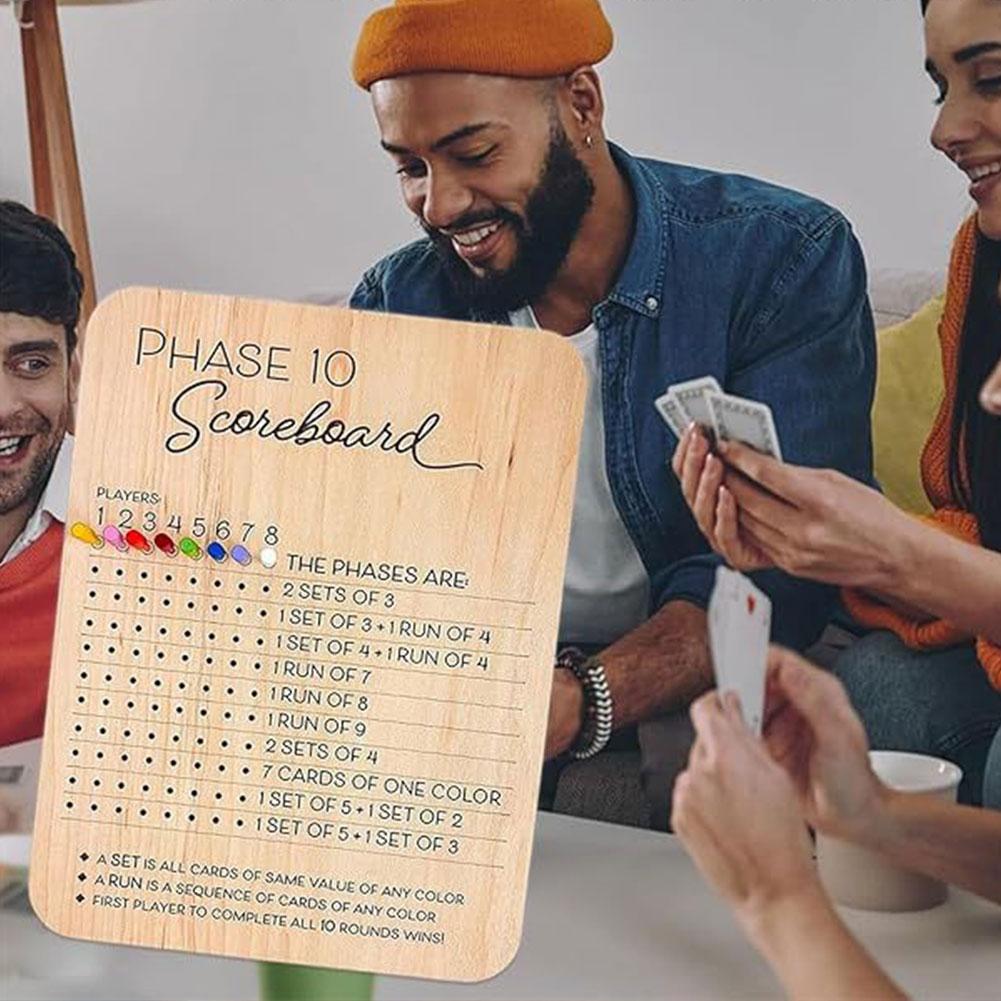 Wooden Phase 10 Score Board W/8 Colored Pegs Phase 10 Scoreboard and Round Tracker Table Board Card Game for Party Family Adults