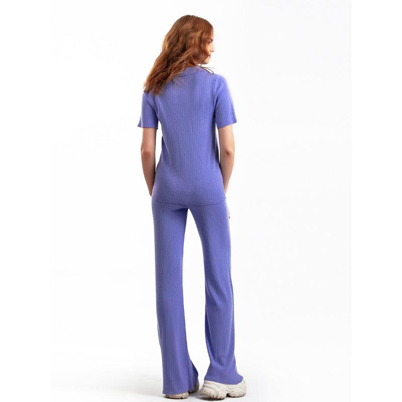 Set da donna a polo pullover a maniche corte top slim tinta unita t-shirt pantaloni a gamba larga set di moda lavorato a maglia